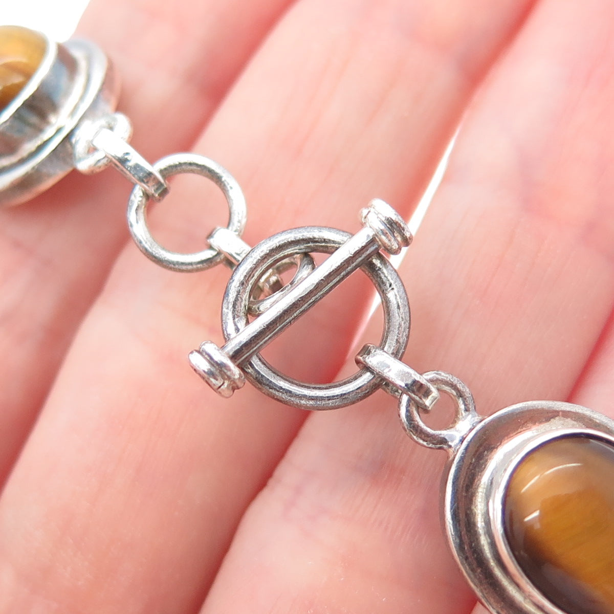 925 Sterling Silver Vintage Real Tiger Eye Station Oxidized Bracelet 7.25"