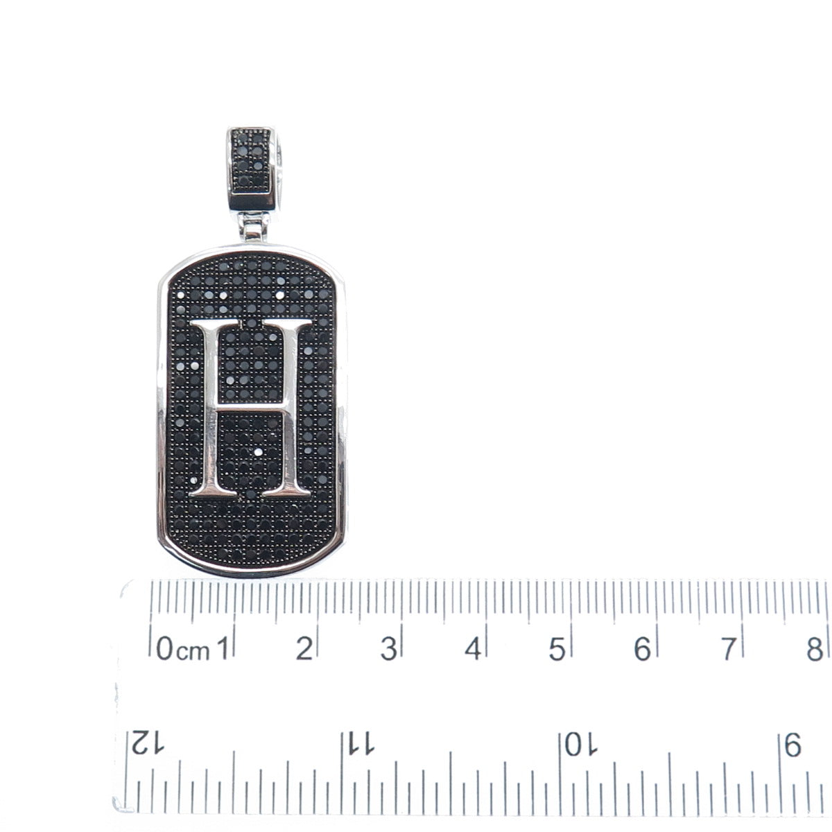 925 Sterling Silver Real Round-Cut Black Spinel Letter H Initial Tag Pendant