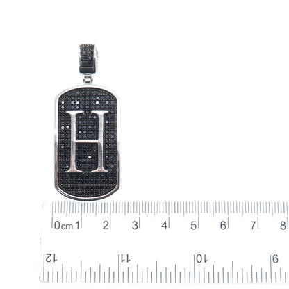 925 Sterling Silver Real Round-Cut Black Spinel Letter H Initial Tag Pendant