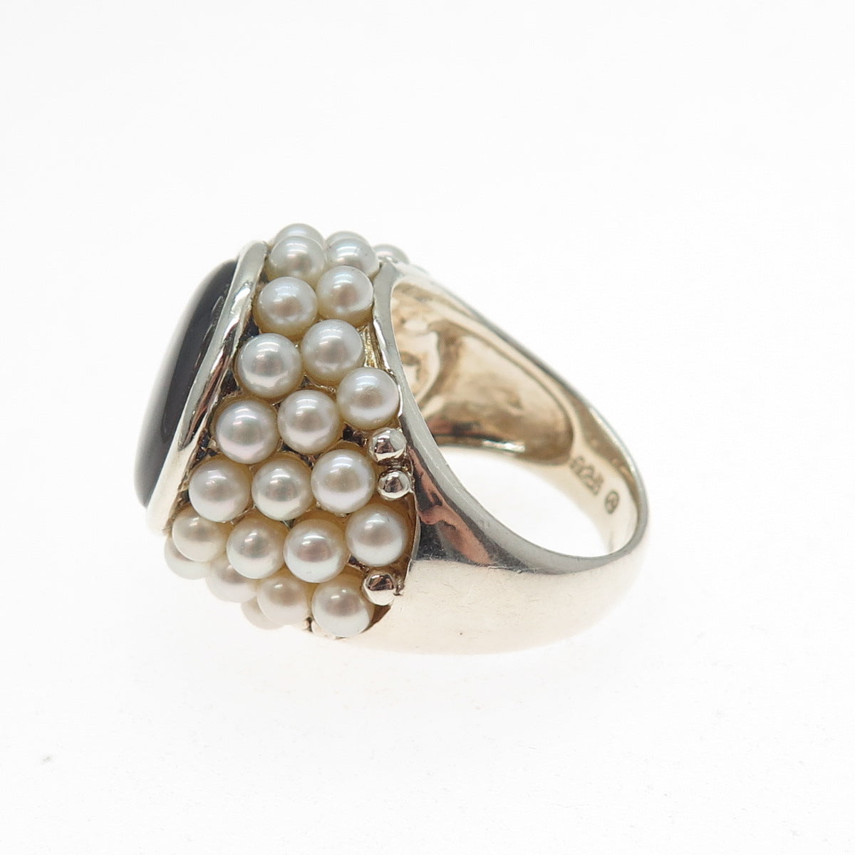 925 Sterling Silver Vintage Real Abalone Shell & Pearl Beaded Ring Size 8.5