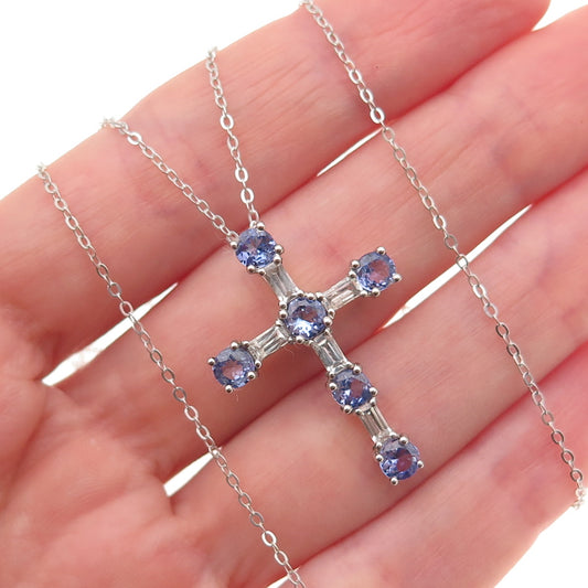 Chuck Clemency 925 Sterling Silver Real Tanzanite White Topaz Cross Necklace 20"
