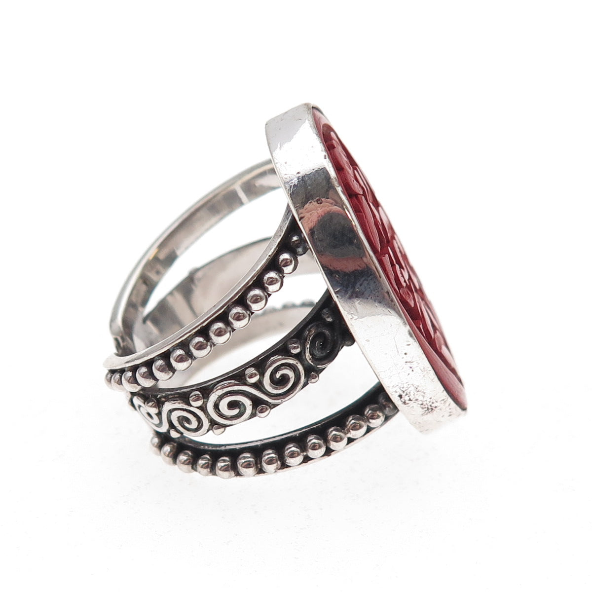 Sajen 925 Sterling Silver Vintage Carved Cinnabar Adjustable Ring Size 9.25