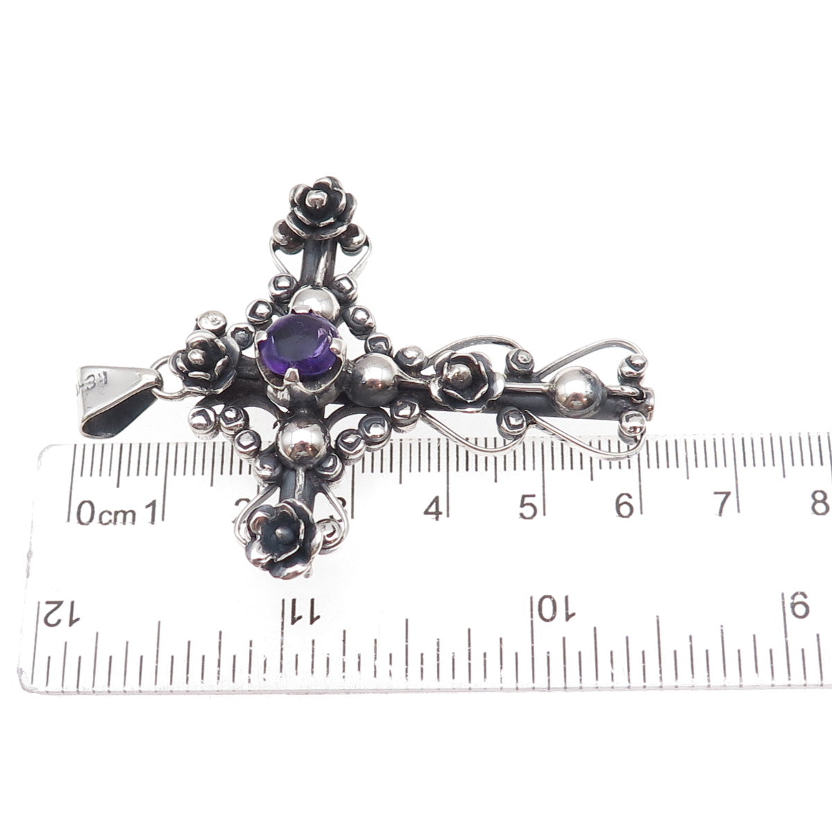 Los Ballesteros 925 Sterling Silver Vintage Mexico Real Amethyst Cross Pendant