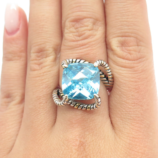 925 Sterling Silver Cushion-Cut Blue C Z Bypass Ring Size 7.25