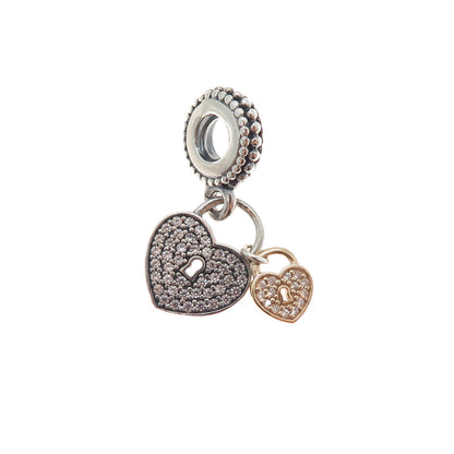 PANDORA 925 Sterling Silver 2-Tone C Z Love Lock Dangle Slide Charm