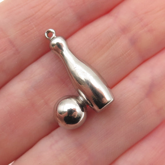 925 Sterling Silver Vintage Bowling Pin & Ball 3D Charm Pendant