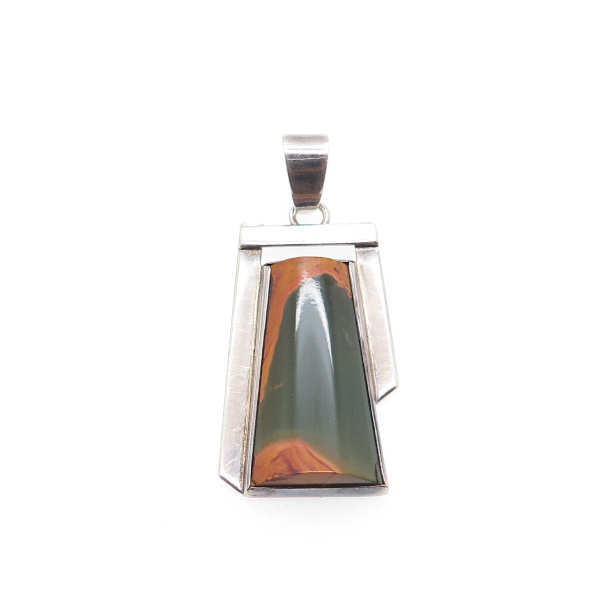 925 Sterling Silver Vintage V Artisan Polychrome Jasper Modernist Charm Pendant