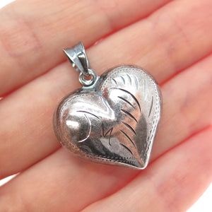 925 Sterling Silver Vintage Engraved Puffy Heart Oxidized Charm Pendant