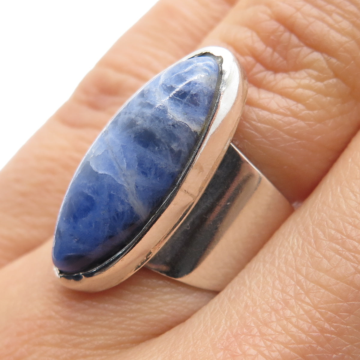 925 Sterling Silver Vintage Mexico Sodalite Modernist Adjustable Ring Size 6.25