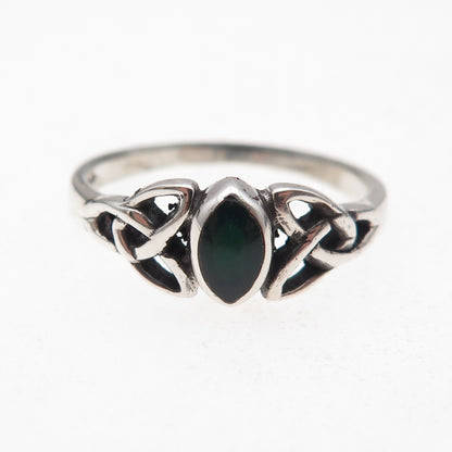 925 Sterling Silver Vintage Real Green Onyx Celtic Trinity Knot Ring Size 8.25