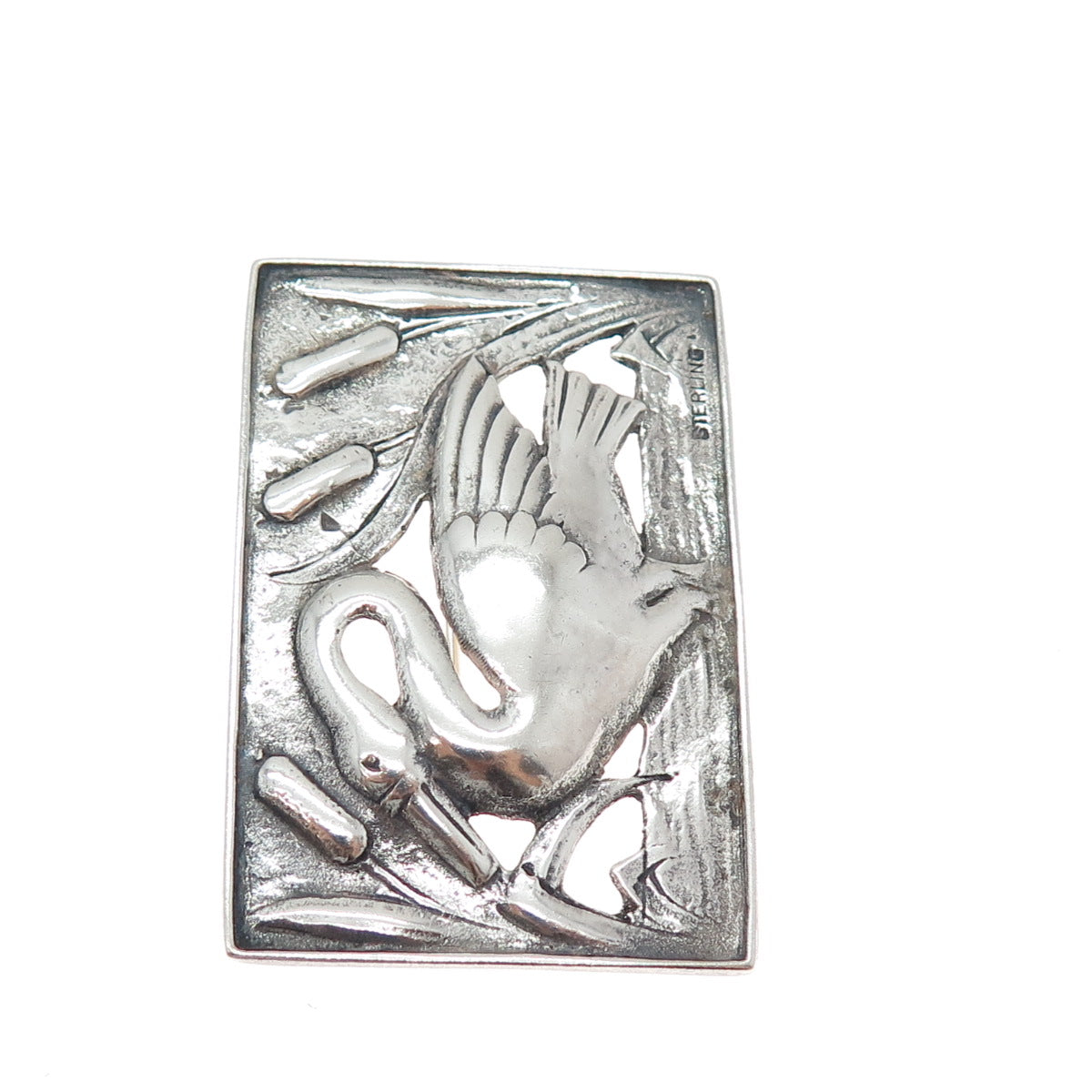925 Sterling Silver Vintage Swan Bird Oxidized Pin Brooch