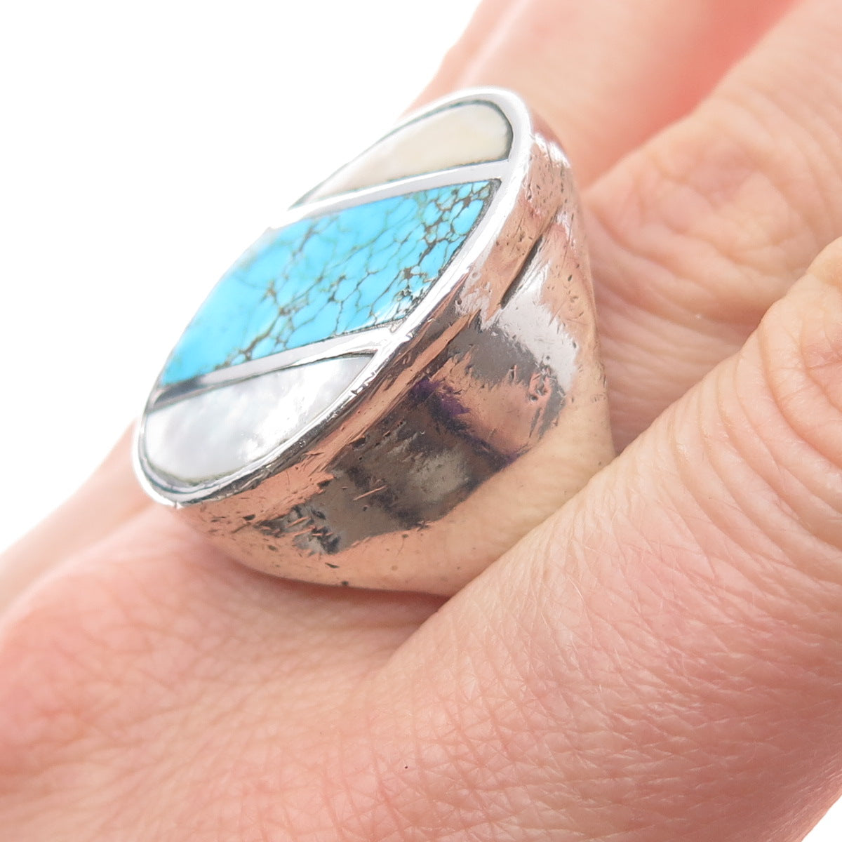 Old Pawn 925 Sterling Silver Vintage Southwestern Turquoise & MOP Ring Size 11.5