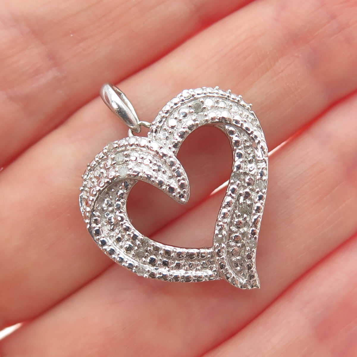 925 Sterling Silver Real Round-Cut Diamond Heart Charm Pendant