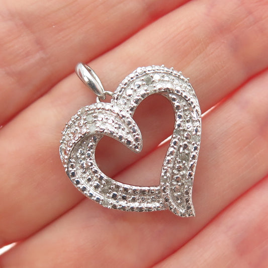 925 Sterling Silver Real Round-Cut Diamond Heart Charm Pendant