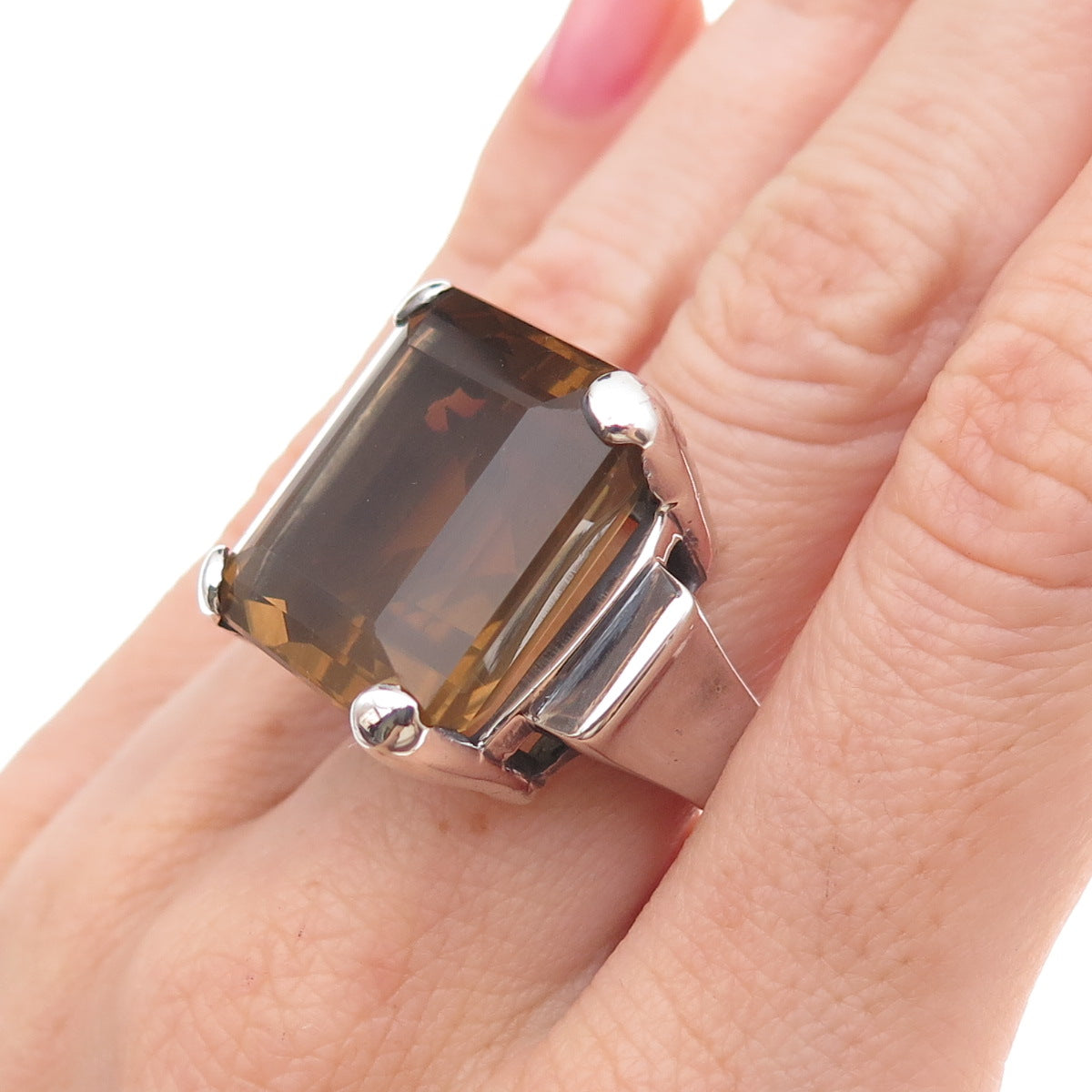 950 Silver Vintage Real Emerald-Cut Smoky Quartz Oxidized Ring Size 7