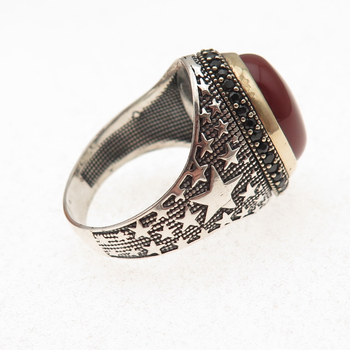 925 Sterling 2-Tone Vintage Real Carnelian & Black Spinel Star Ring Size 11.5
