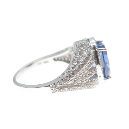 DSMK 925 Sterling Silver White Round-Cut Blue Oval-Cut Shaped C Z Ring Size 7.25
