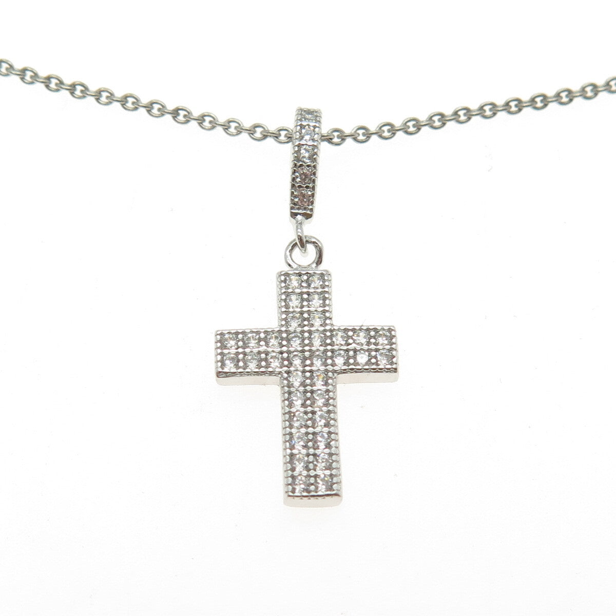 925 Sterling Silver Round-Cut C Z Cross Cable Chain Necklace 16"