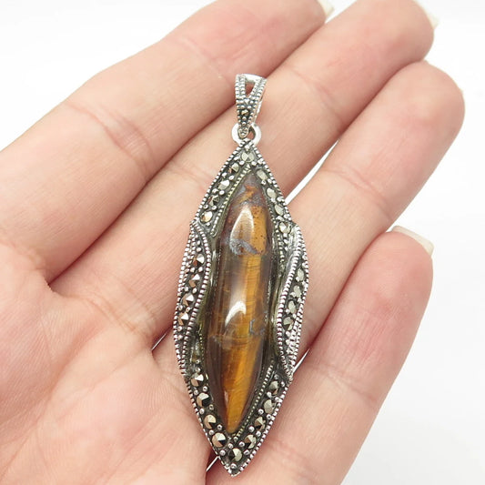 925 Sterling Silver Vintage Real Tiger's Eye & Marcasite Gem Pendant