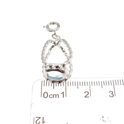 925 Sterling Silver Vintage Blue Rhinestone Cage Spring Ring Lock Charm Pendant