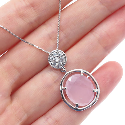 925 Sterling Silver Real Rose Quartz & C Z Box Chain Necklace 18"
