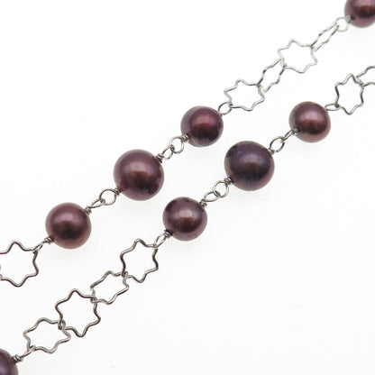 925 Sterling Silver Real Tahitian Pearl Beaded Star Chain Necklace 16-18"