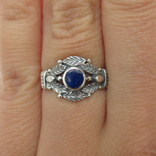 925 Sterling Silver Vintage Real Lapis Lazuli Leaf Oxidized Ring Size 6.75