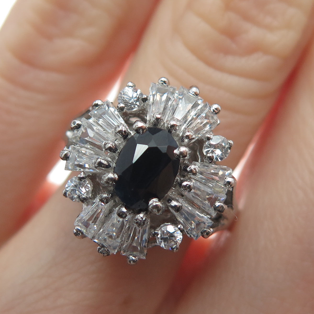 925 Sterling Silver Real Sapphire Gemstone & Multi-C Z Cluster Cross Ring Size 6