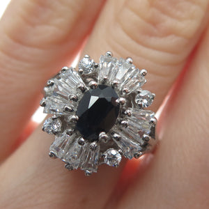 925 Sterling Silver Real Sapphire Gemstone & Multi-C Z Cluster Cross Ring Size 6