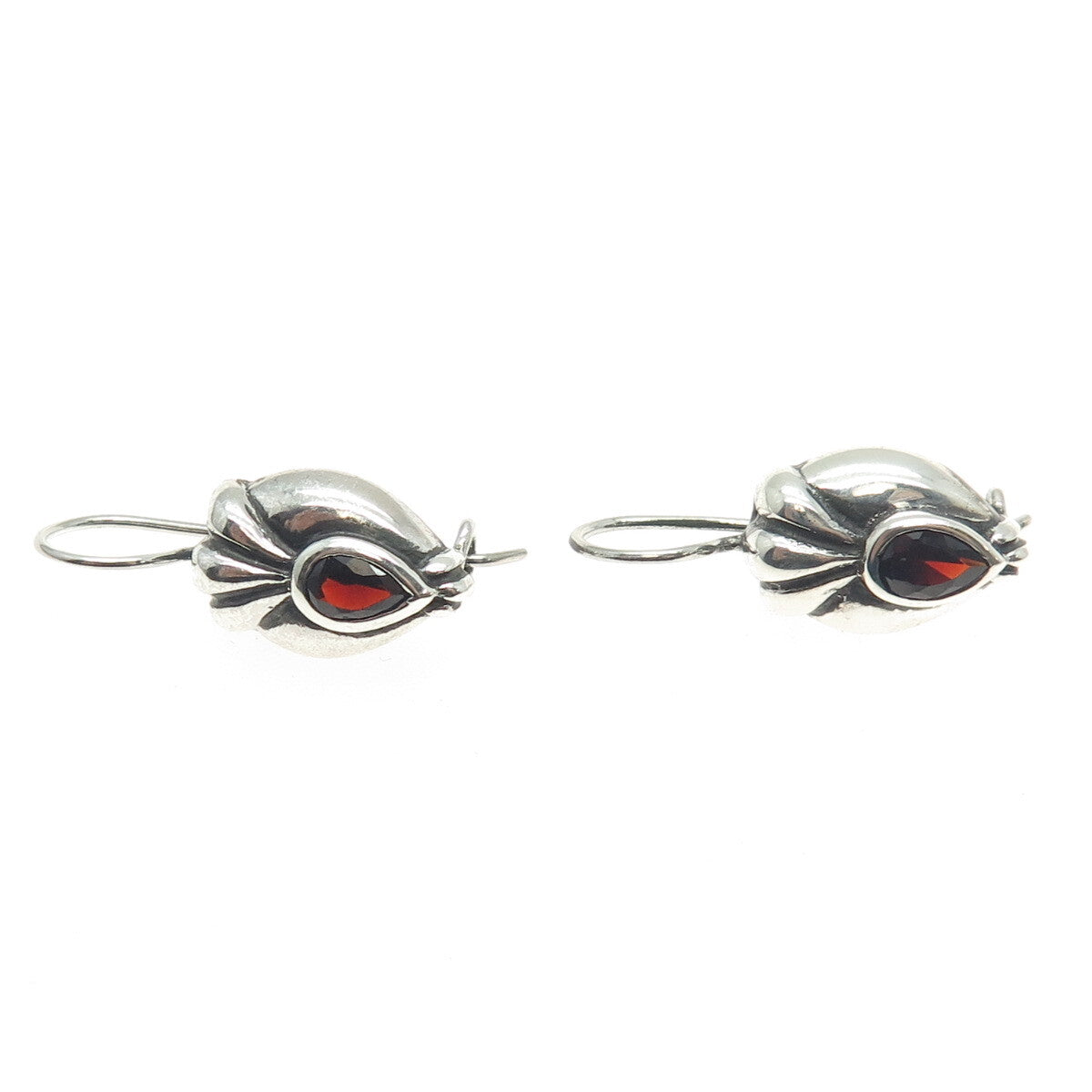 925 Sterling Silver Vintage Real Pear-Cut Red Garnet Oxidized Earrings