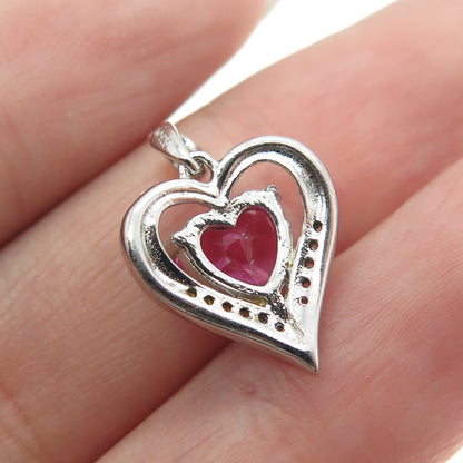 SAI 925 Sterling Silver White Topaz Gem Lab-Created Pink Sapphire Heart Pendant