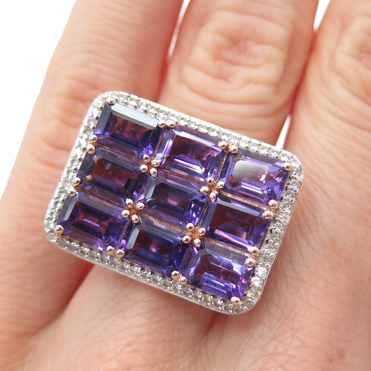 925 Sterling Silver Rose Gold Plated Real Amethyst & White Topaz Ring Size 5.25