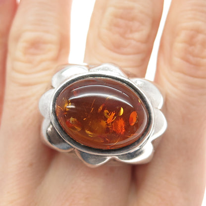 DOUG PAULUS 925 Sterling Silver Vintage Real Amber Modernist Sun Ring Size 7.75