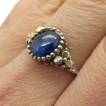 925 Sterling Silver 2-Tone Vintage Real Sapphire Nugget Ring Size 7.5