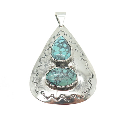 Old Pawn 925 Sterling Silver Vintage Peacock Turquoise Teardrop Tribal Pendant