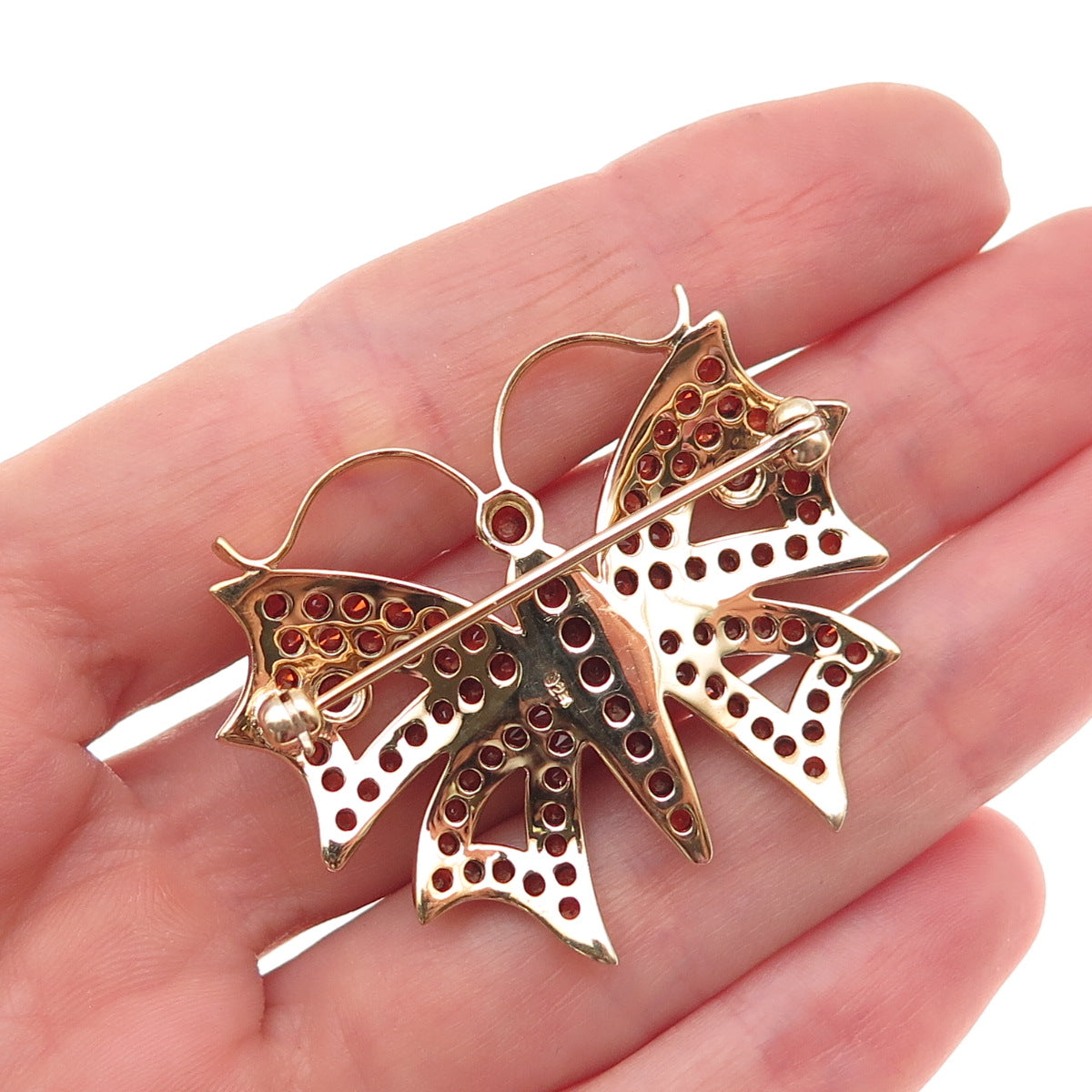 925 Sterling Silver Gold Plated Vintage Real Red Garnet Butterfly Pin Brooch
