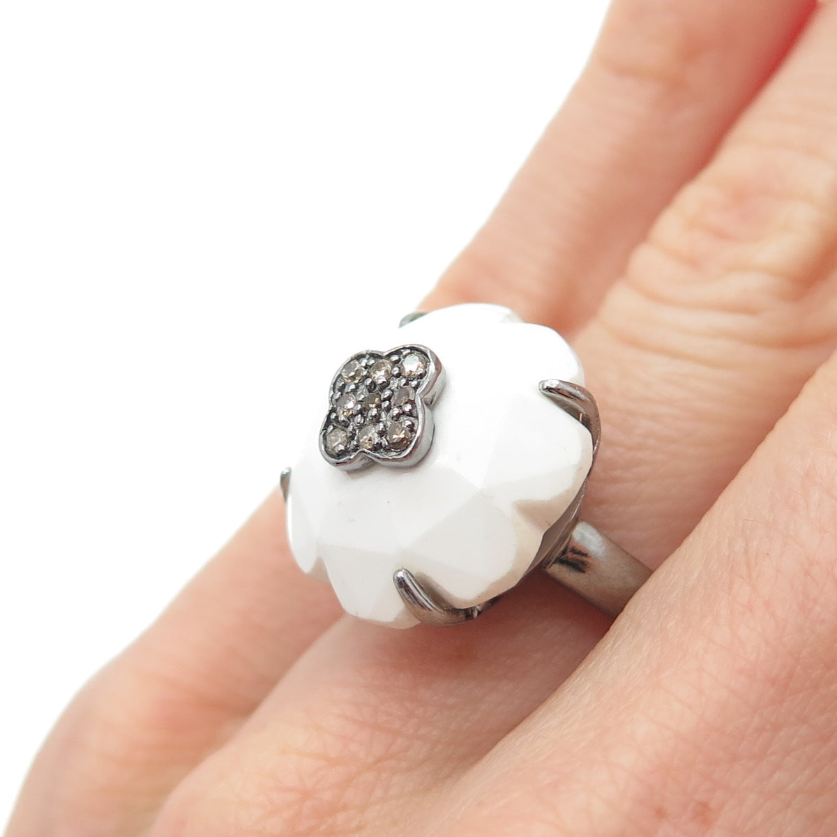 CLYDE DUNEIER CID Sterling Champagne Diamond & White Onyx Flower Ring Size 5.25