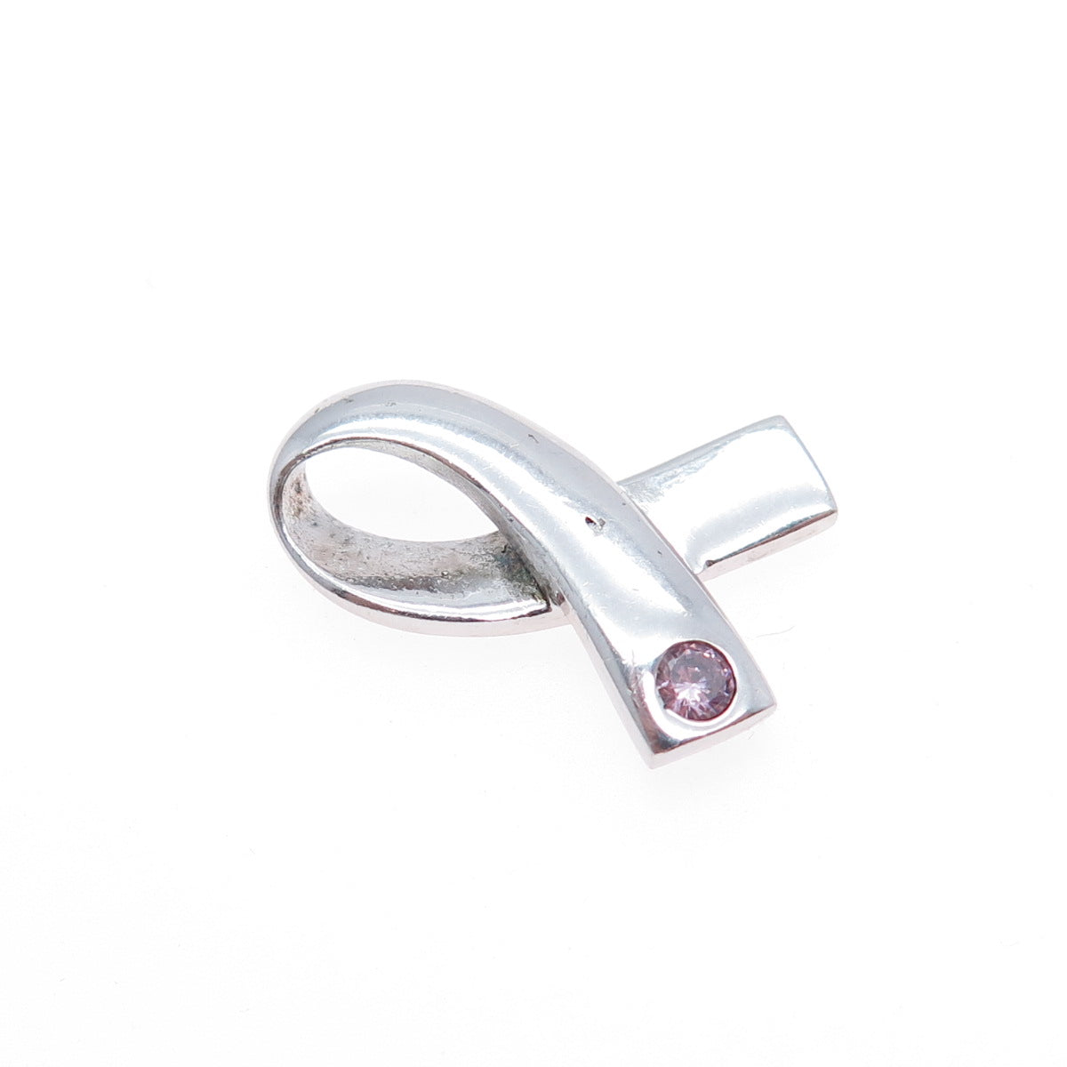 925 Sterling Vintage Pink C Z Breast Cancer Awareness Ribbon Mini Slide Pendant