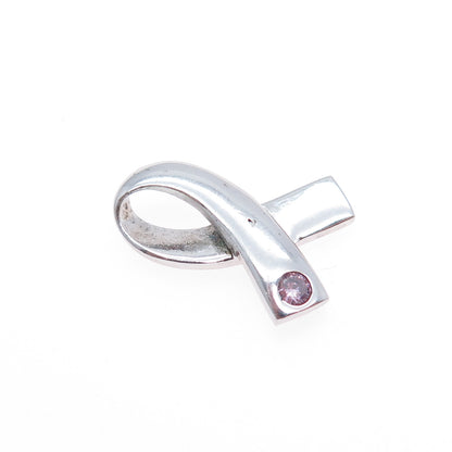 925 Sterling Vintage Pink C Z Breast Cancer Awareness Ribbon Mini Slide Pendant