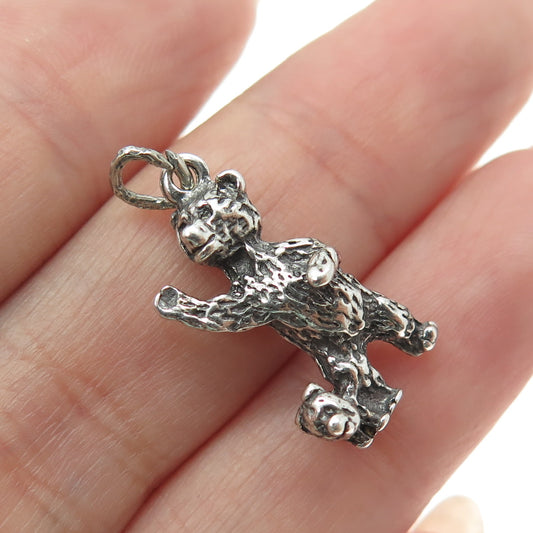 925 Sterling Silver Vintage Mommy Bear & Kid Minimalist Oxidized Charm Pendant