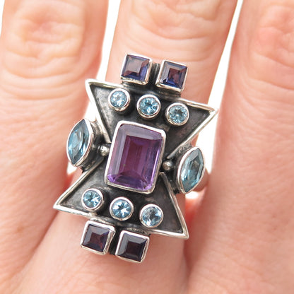 Nicky Butler 925 Sterling Silver Vintage Real Topaz Amethyst Iolite Ring Size 8