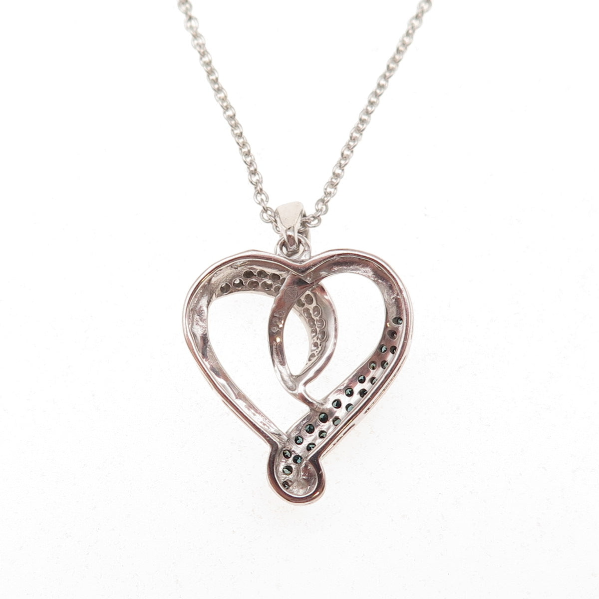 925 Sterling Silver Real Blue & White Diamond Heart Cable Chain Necklace 18"