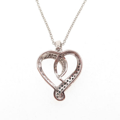925 Sterling Silver Real Blue & White Diamond Heart Cable Chain Necklace 18"