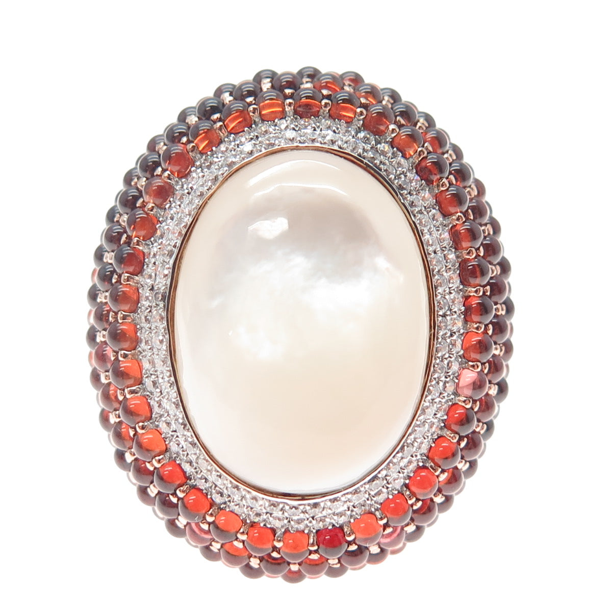 925 Sterling Silver Rose Gold Plated Real MOP Red Garnet & C Z Ring Size 7.25