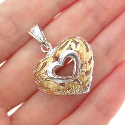 925 Sterling Silver 2-Tone Vintage Ornate Heart Charm Pendant