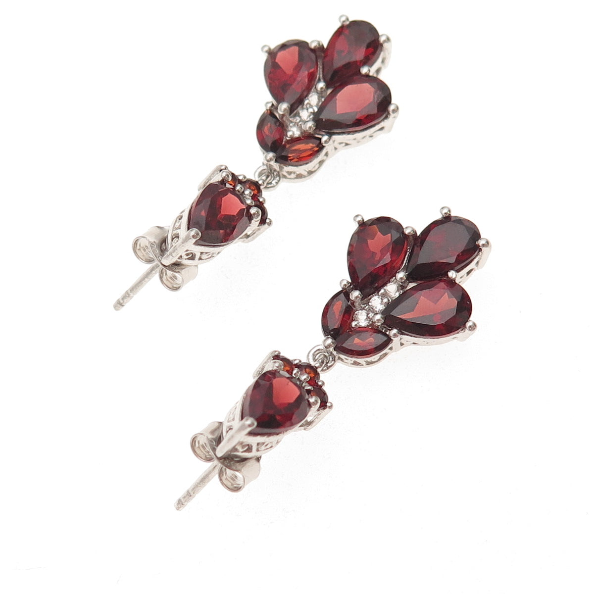 Chuck Clemency 925 Sterling Silver Real Red Garnet & White Topaz Dangle Earrings