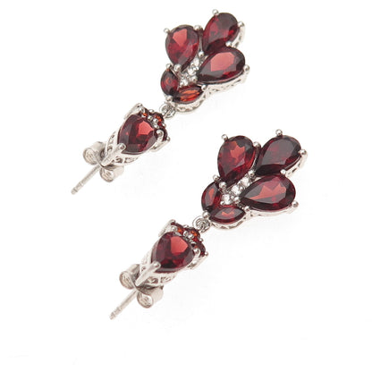 Chuck Clemency 925 Sterling Silver Real Red Garnet & White Topaz Dangle Earrings