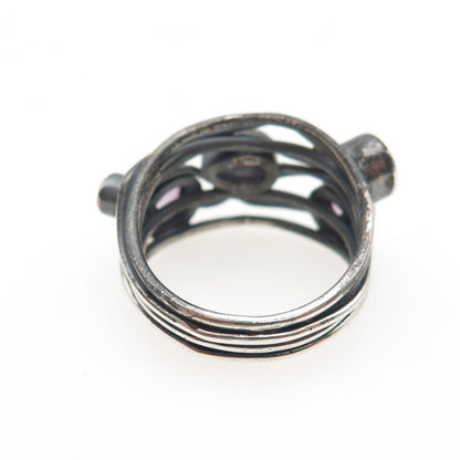 925 Sterling Silver Vintage Real Amethyst Modernist Oxidized Ring Size 7