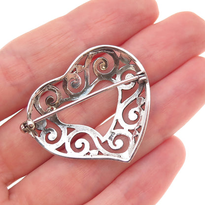 925 Sterling Silver Vintage Spiral Heart Oxidized Pin Brooch
