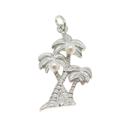 925 Sterling Silver Vintage Real Pearl Palm Tree Charm Pendant